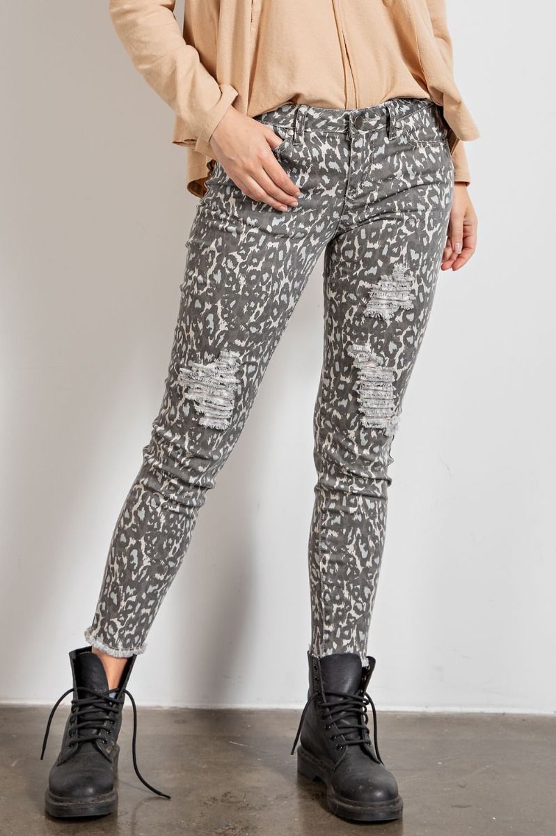Easel Animal Leopard Printed Self Distressed Ankle Cut Pants by Sensual Fashion Boutique