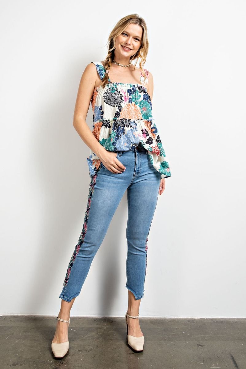 Easel Floral Print Stretch Washed Denim Jeans Pants by Sensual Fashion Boutique
