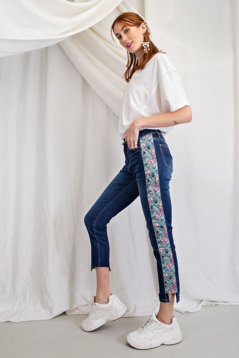 Buy Easel Floral Print Stretch Washed Denim Jeans Pants by Sensual Fashion Boutique by Sensual Fashion Boutique