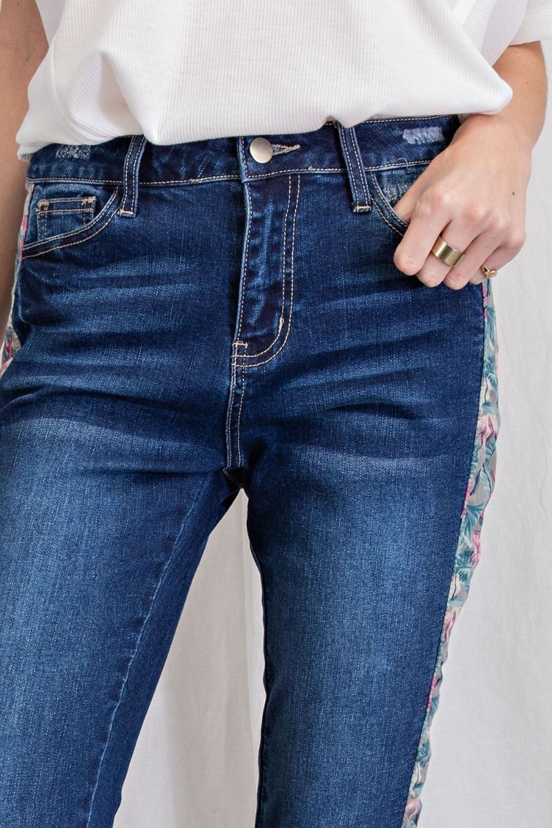 Buy Easel Floral Print Stretch Washed Denim Jeans Pants by Sensual Fashion Boutique by Sensual Fashion Boutique