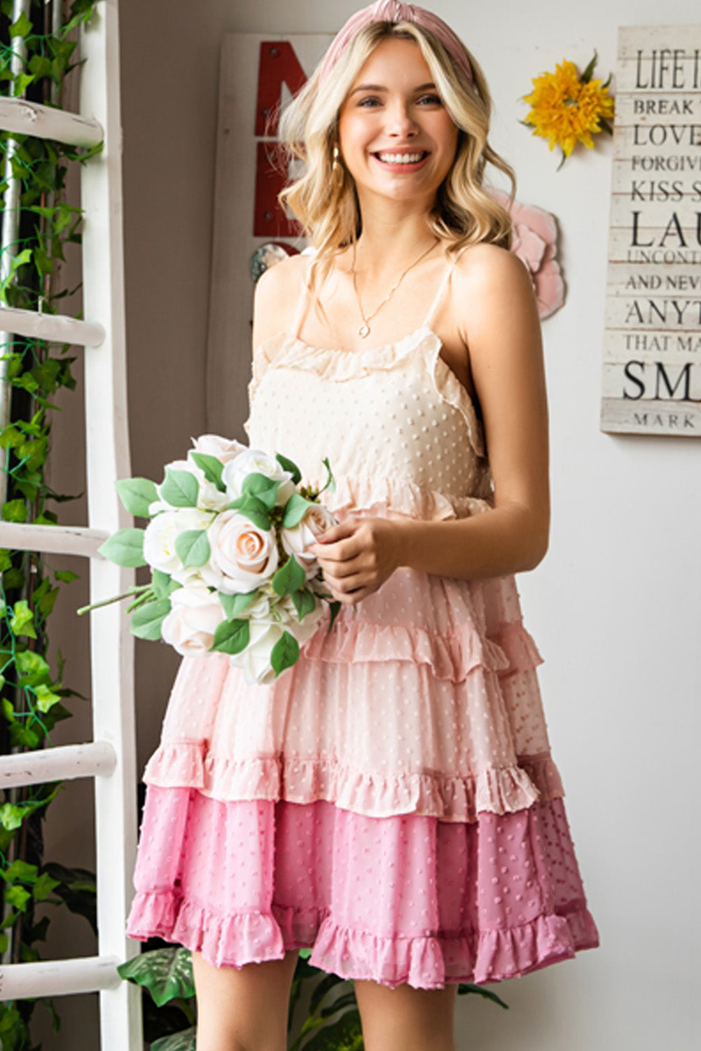 Buy Color Block Swiss Dot Ruffled Tiered Spaghetti Strap Dress by SYNZ