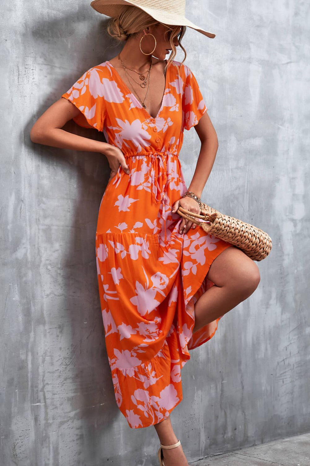 Buy Floral Buttoned Drawstring Waist Tiered Dress by Faz