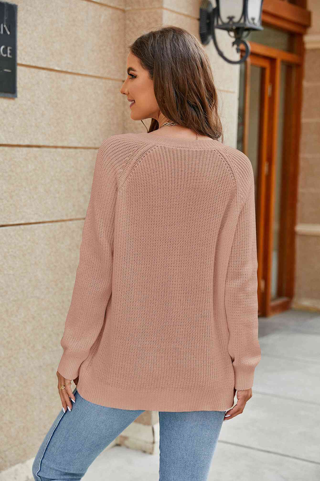 Buy Raglan Sleeve Ribbed Trim Plunge Knit Top by YH
