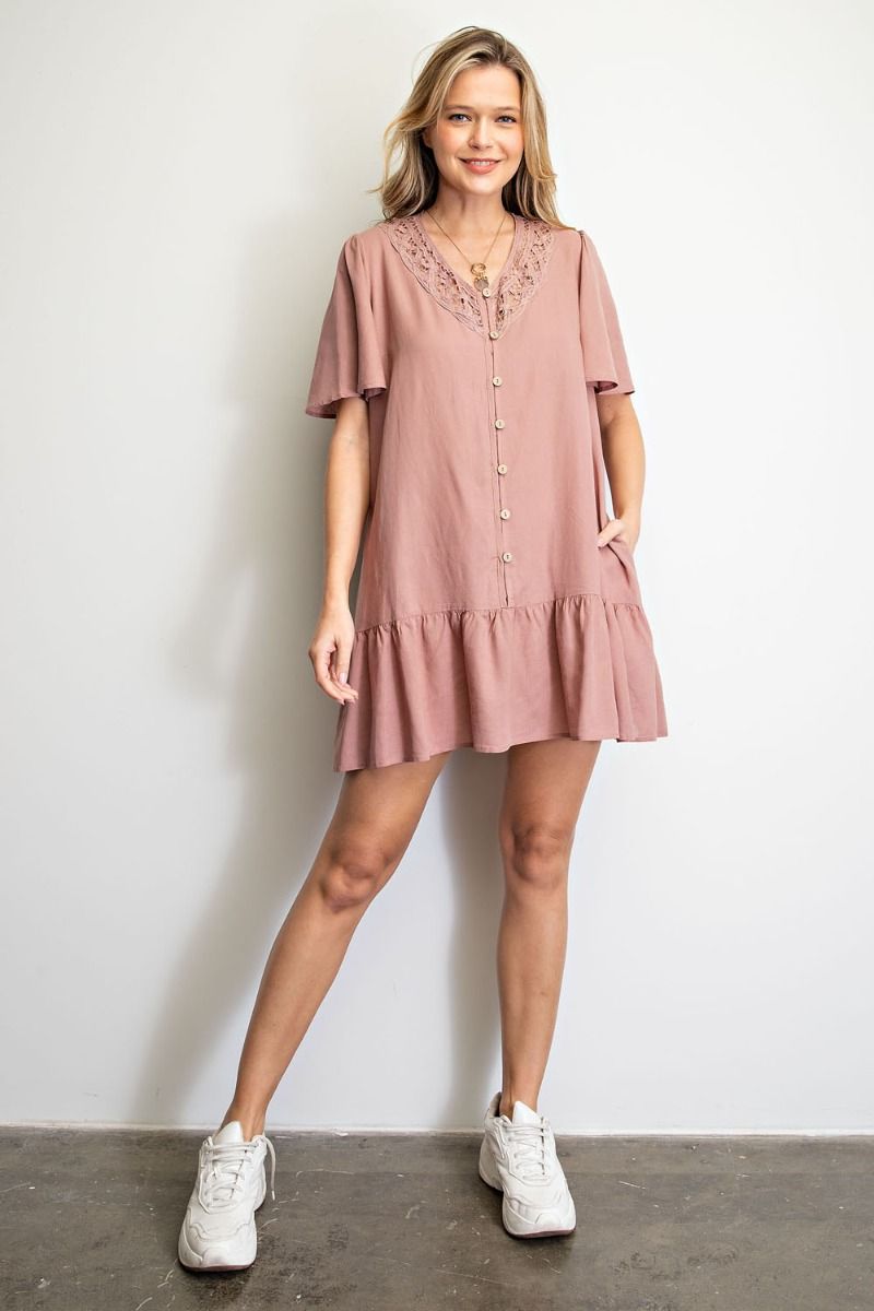 Buy Easel Flowy Silhouette Challie Lace Detailing Button Down Dress by Sensual Fashion Boutique