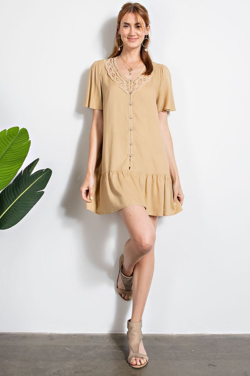 Buy Easel Flowy Silhouette Challie Lace Detailing Button Down Dress by Sensual Fashion Boutique