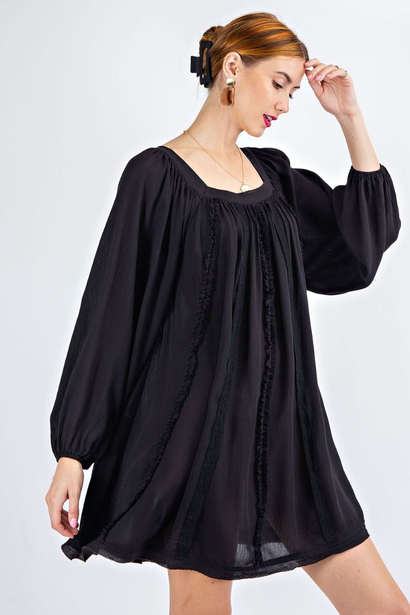 Buy Easel Flowy Rayon Gauze Square Neckline Bubble Sleeves Lace Trim Dress by Sensual Fashion Boutique
