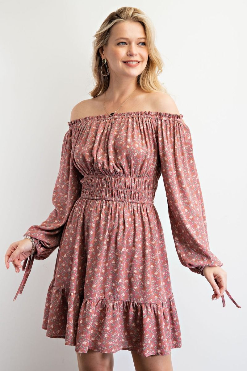 Easel Floral Printed Off Shoulder Bubble Sleeves Tie Cuffs Dress