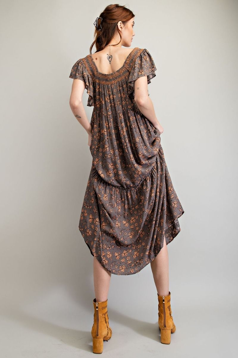 Buy Easel Floral Printed Smocked Rayon Gauze Loose Fit Maxi Dress by Sensual Fashion Boutique