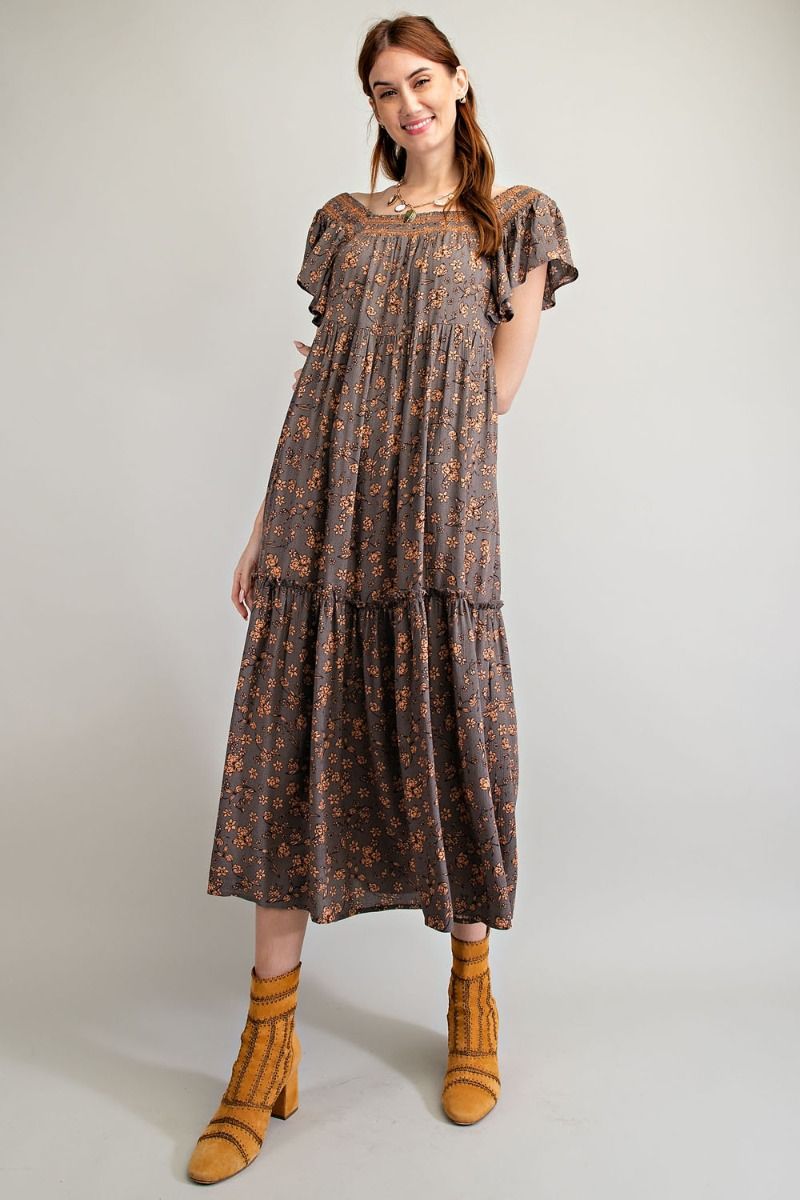 Buy Easel Floral Printed Smocked Rayon Gauze Loose Fit Maxi Dress by Sensual Fashion Boutique