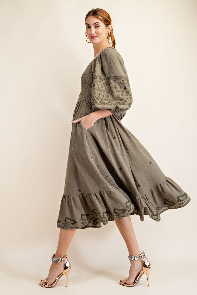 Buy Easel Elasticized Square Neckline Cotton Gauze Ruffle Bottom Midi Dress by Sensual Fashion Boutique