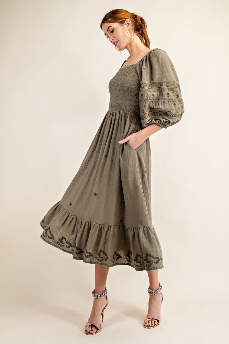 Buy Easel Elasticized Square Neckline Cotton Gauze Ruffle Bottom Midi Dress by Sensual Fashion Boutique