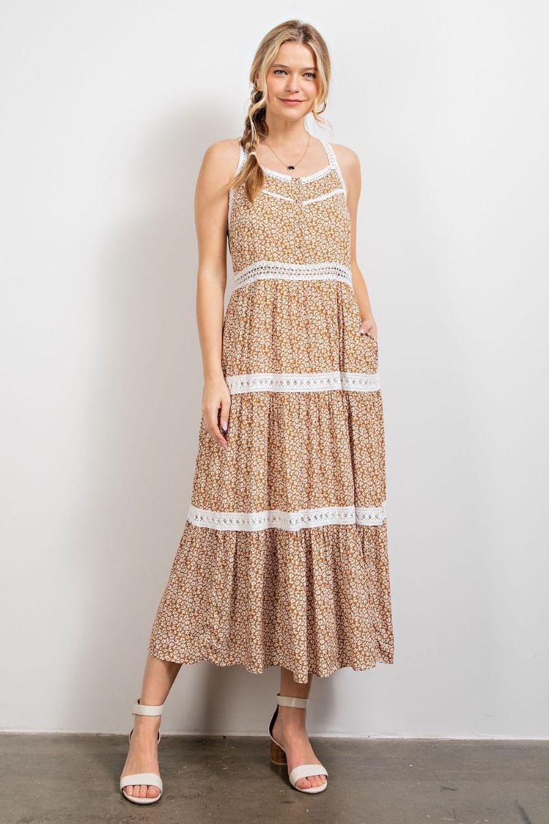 Easel Floral Printed Crochet Tape Detailing Pleated Long Dress