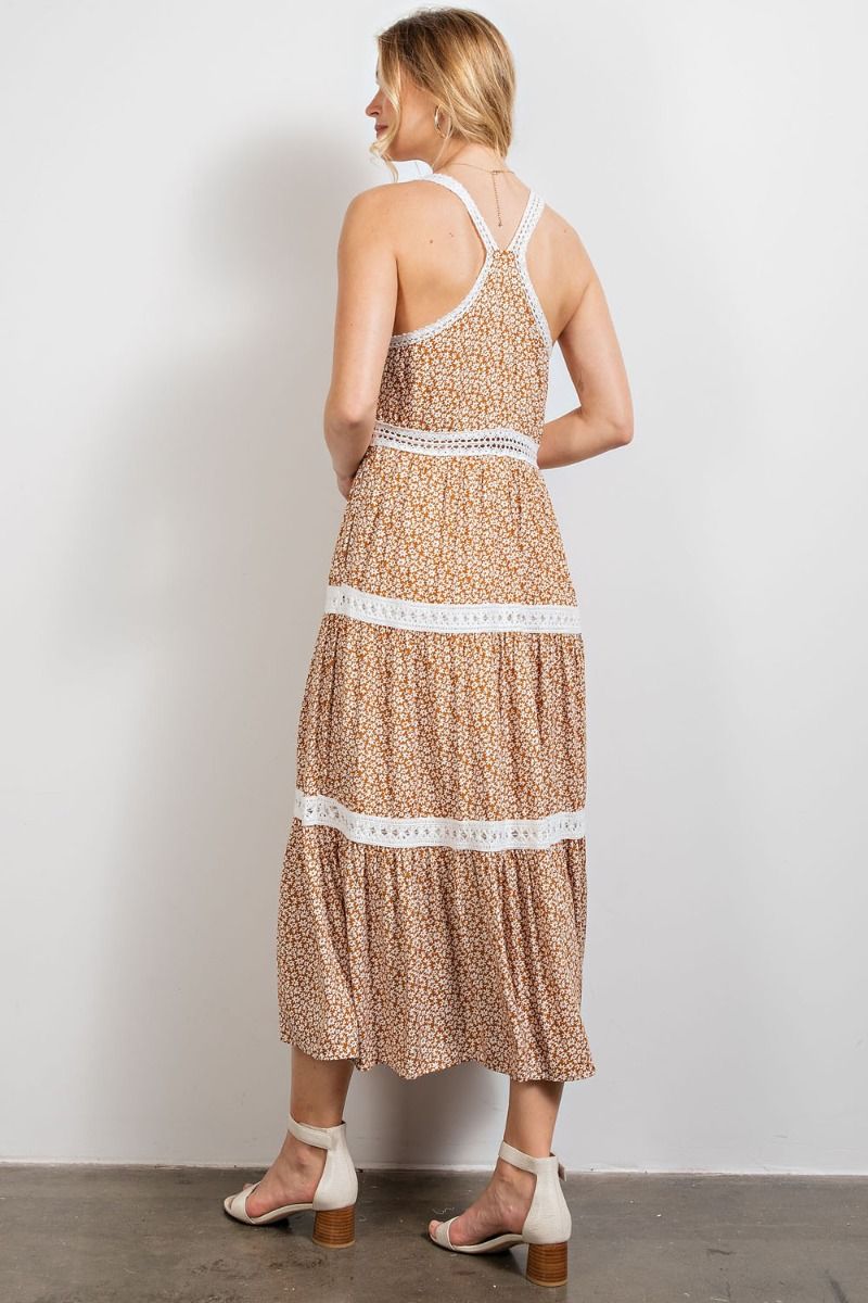 Buy Easel Floral Printed Crochet Tape Detailing Pleated Long Dress by Sensual Fashion Boutique