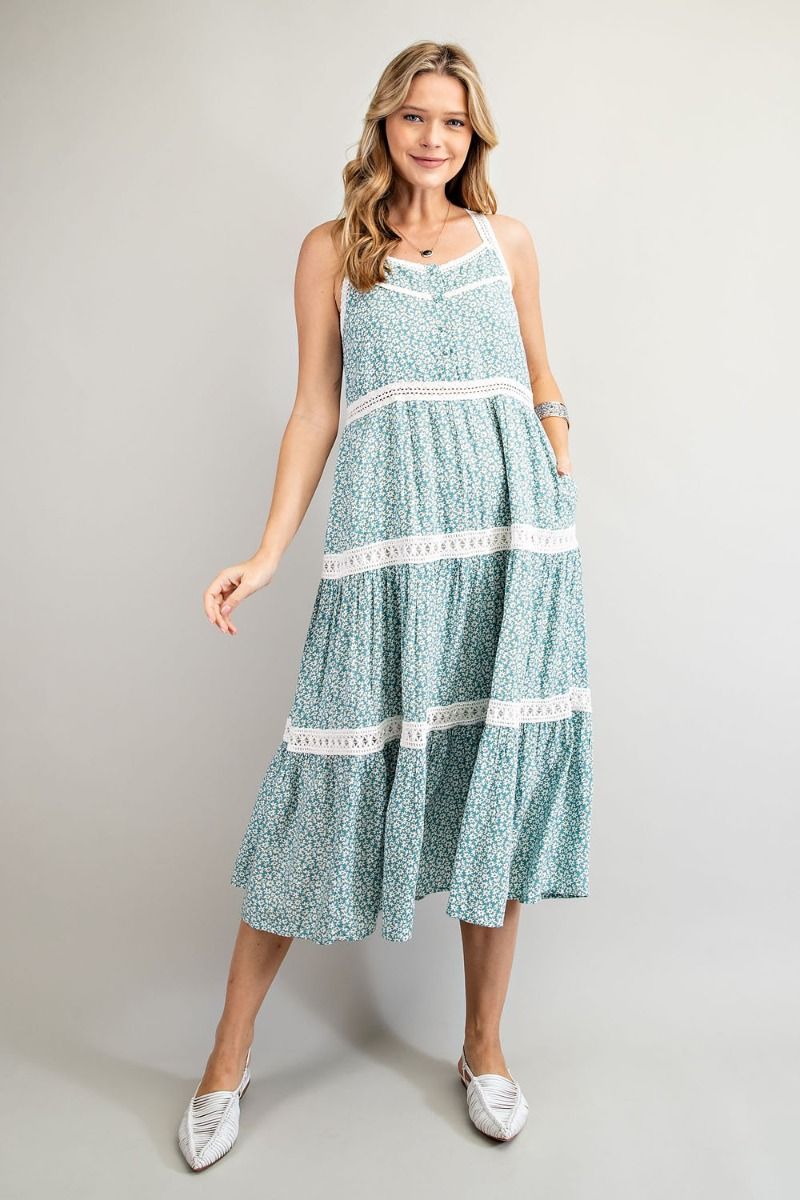 Buy Easel Floral Printed Crochet Tape Detailing Pleated Long Dress by Sensual Fashion Boutique
