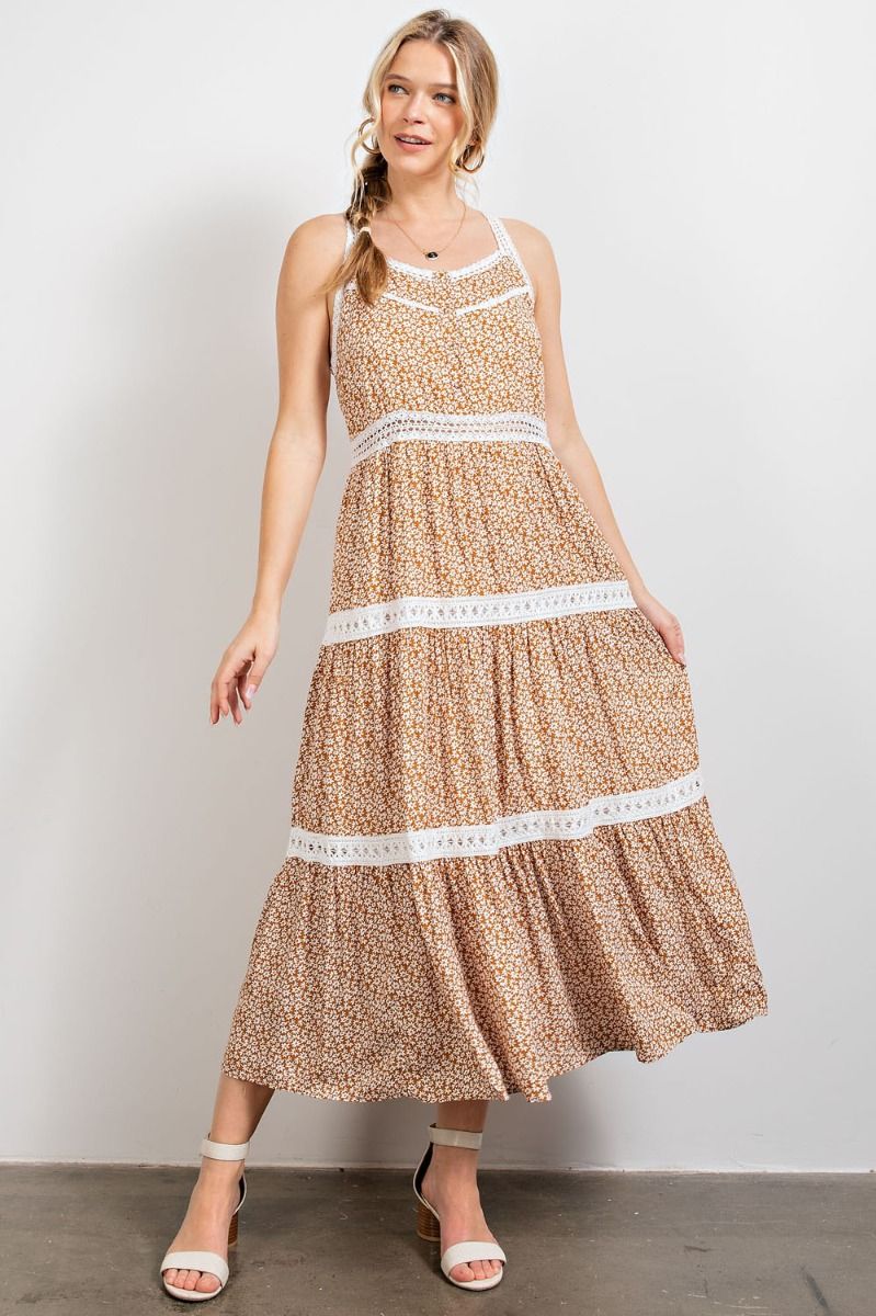 Easel Floral Printed Crochet Tape Detailing Pleated Long Dress