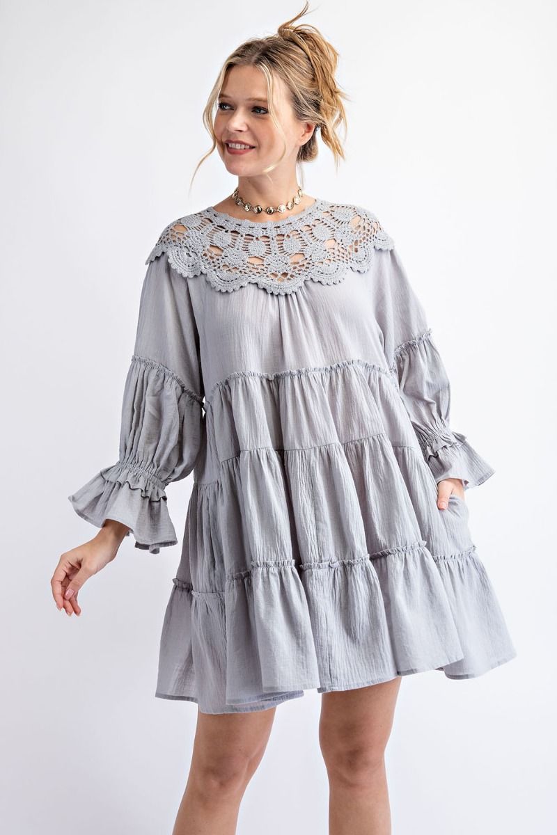 Buy Easel Cotton Gauze Tiered Ruffled Loose Fit Crochet Lace Dress by Sensual Fashion Boutique