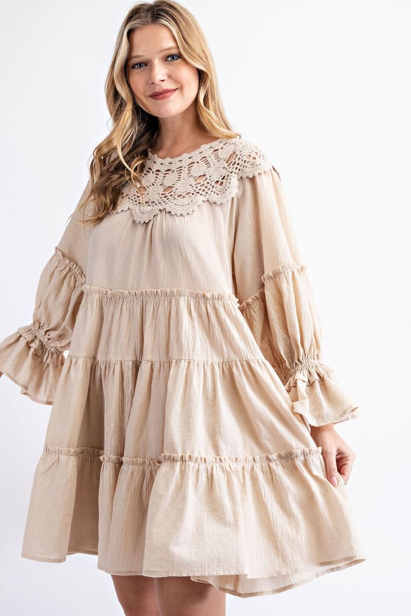 Buy Easel Cotton Gauze Tiered Ruffled Loose Fit Crochet Lace Dress by Sensual Fashion Boutique