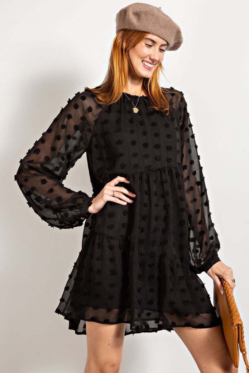 Buy Easel Flowy Silhouette Swiss Dot Pom Pom Chiffon Dress by Sensual Fashion Boutique