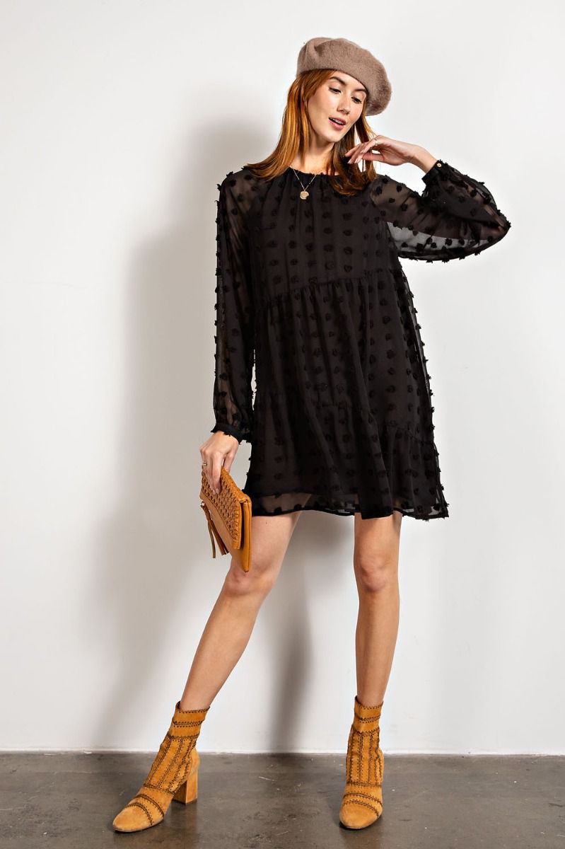 Buy Easel Flowy Silhouette Swiss Dot Pom Pom Chiffon Dress by Sensual Fashion Boutique