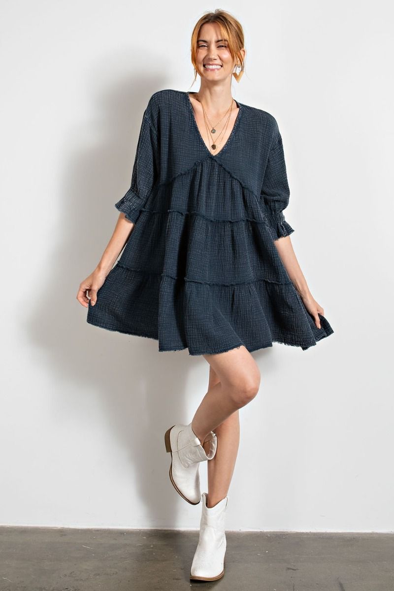 Buy Easel Mineral Washed Tiered Ruffled V Neckline Mini Dress by Sensual Fashion Boutique