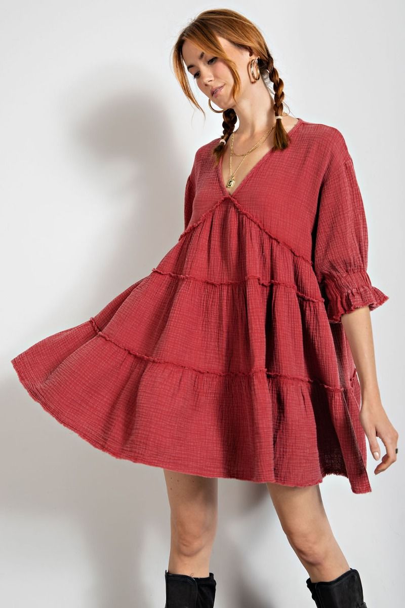 Buy Easel Mineral Washed Tiered Ruffled V Neckline Mini Dress by Sensual Fashion Boutique