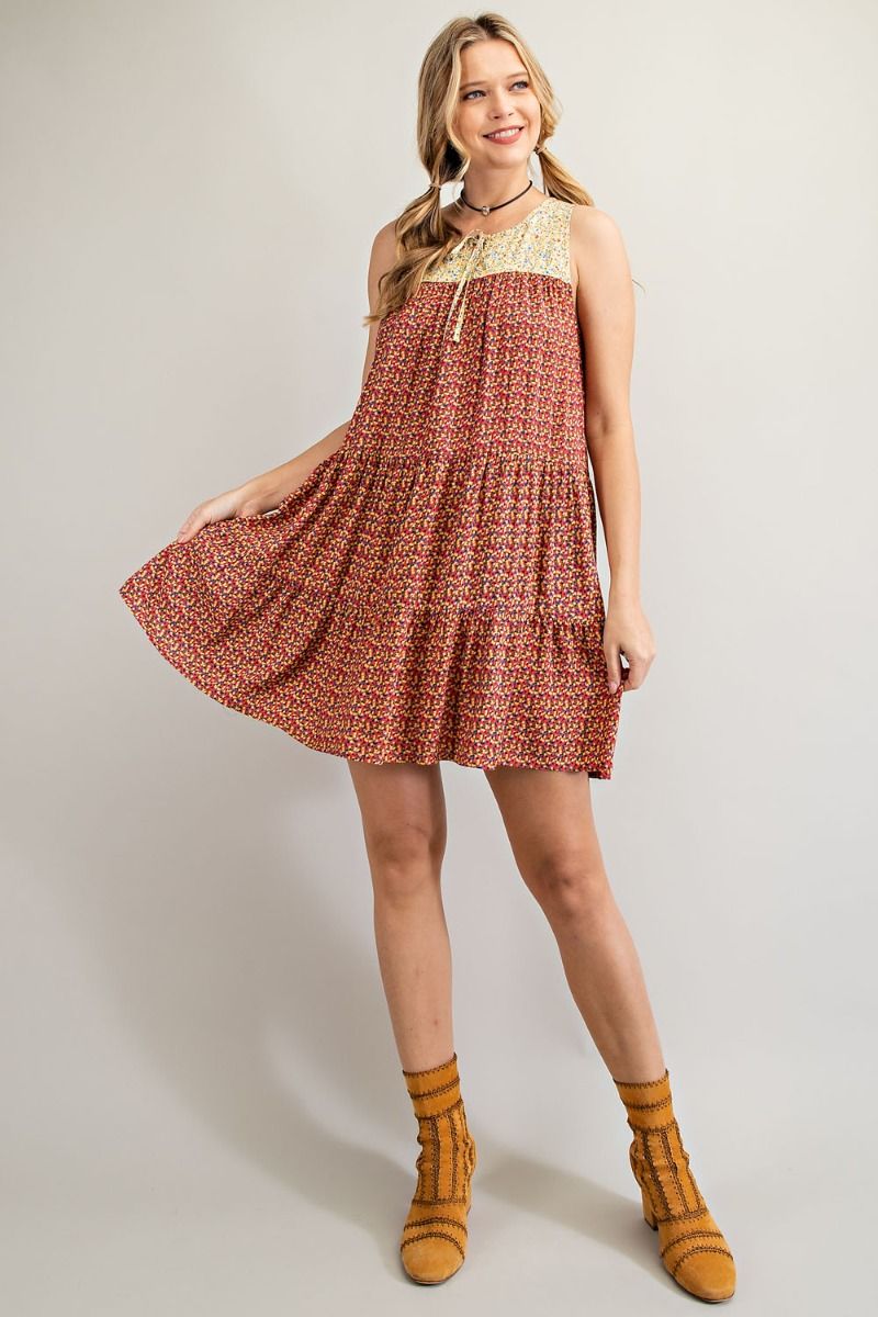 Buy Easel Mix Printed Loose Fit Rounded Neckline Tiered Ruffle Dress by Sensual Fashion Boutique