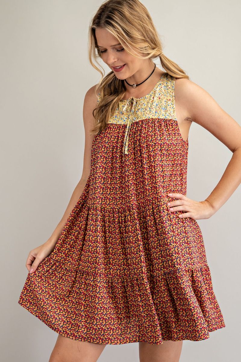 Buy Easel Mix Printed Loose Fit Rounded Neckline Tiered Ruffle Dress by Sensual Fashion Boutique