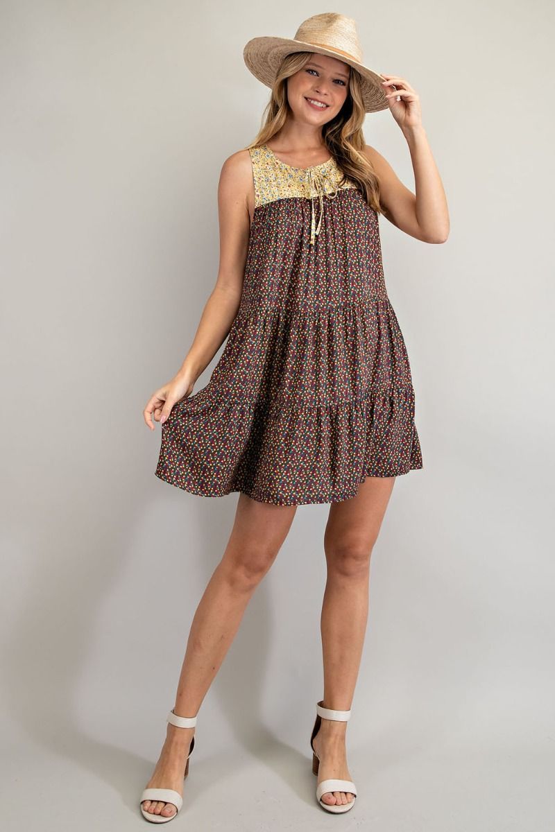 Buy Easel Mix Printed Loose Fit Rounded Neckline Tiered Ruffle Dress by Sensual Fashion Boutique