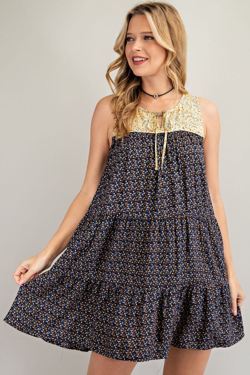 Buy Easel Mix Printed Loose Fit Rounded Neckline Tiered Ruffle Dress by Sensual Fashion Boutique