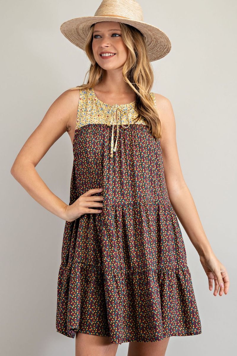 Buy Easel Mix Printed Loose Fit Rounded Neckline Tiered Ruffle Dress by Sensual Fashion Boutique