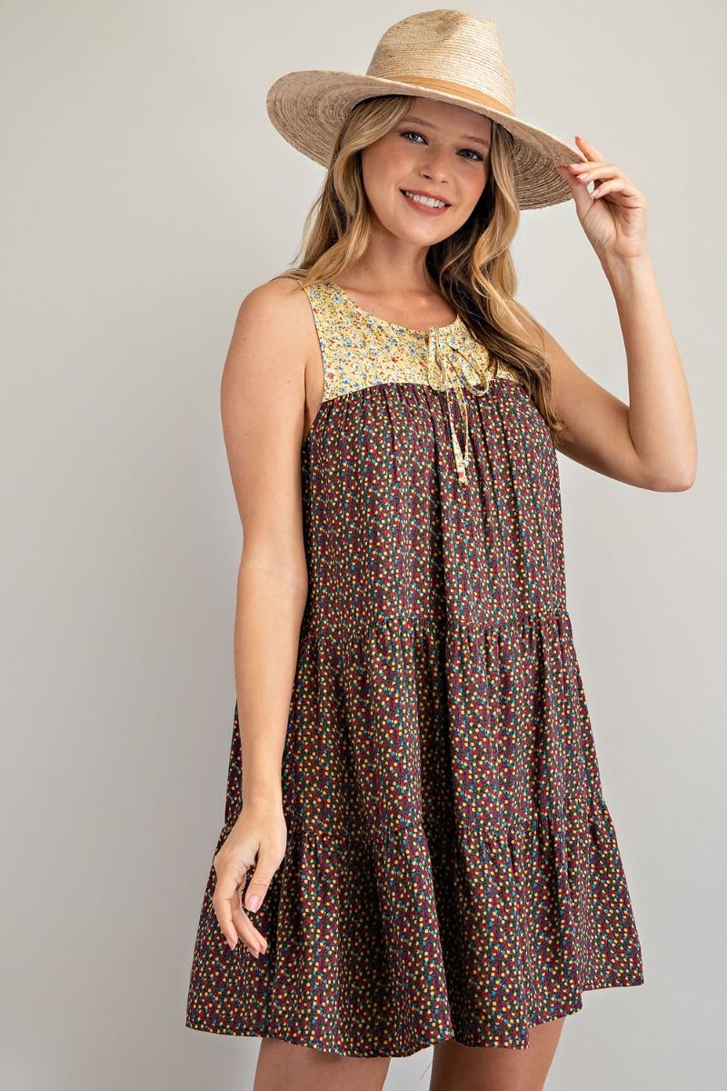 Buy Easel Mix Printed Loose Fit Rounded Neckline Tiered Ruffle Dress by Sensual Fashion Boutique