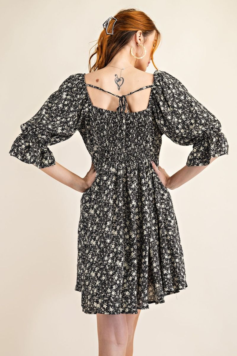 Buy Easel Floral Printed Half Puff Sleeves Swing Tie Closure Mini Dress by Sensual Fashion Boutique