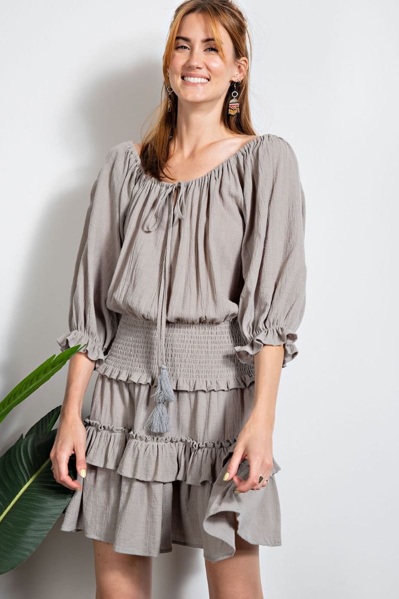 Buy Easel Smocked Waistband Textured Cotton Linen Ruffle  Mini Dress by Sensual Fashion Boutique