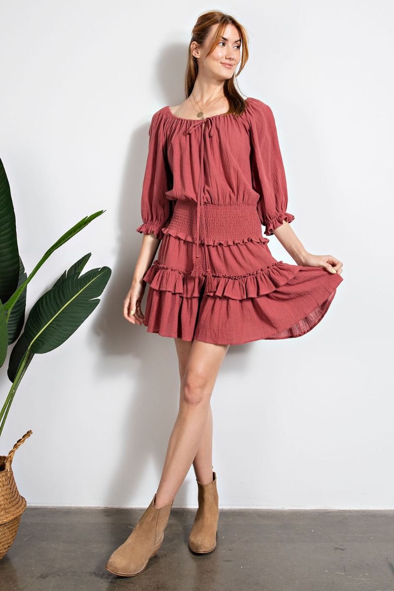Buy Easel Smocked Waistband Textured Cotton Linen Ruffle  Mini Dress by Sensual Fashion Boutique