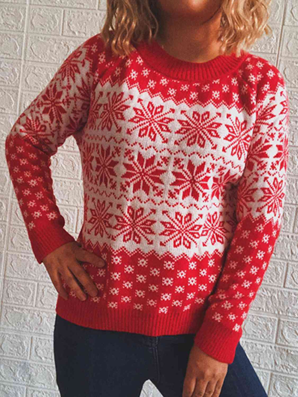 Buy Snowflake Pattern Long Sleeve Sweater by Faz