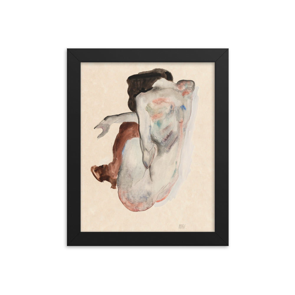 Naked lady. Crouching Nude in Shoes and Black Stockings, Back View Wall Art Print