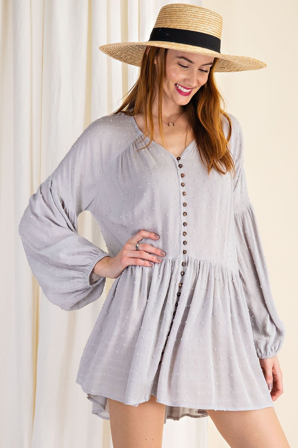 Buy Easel V Neckline Rayon Gauze Woven Lightweight Bubble Sleeves Dress by Sensual Fashion Boutique