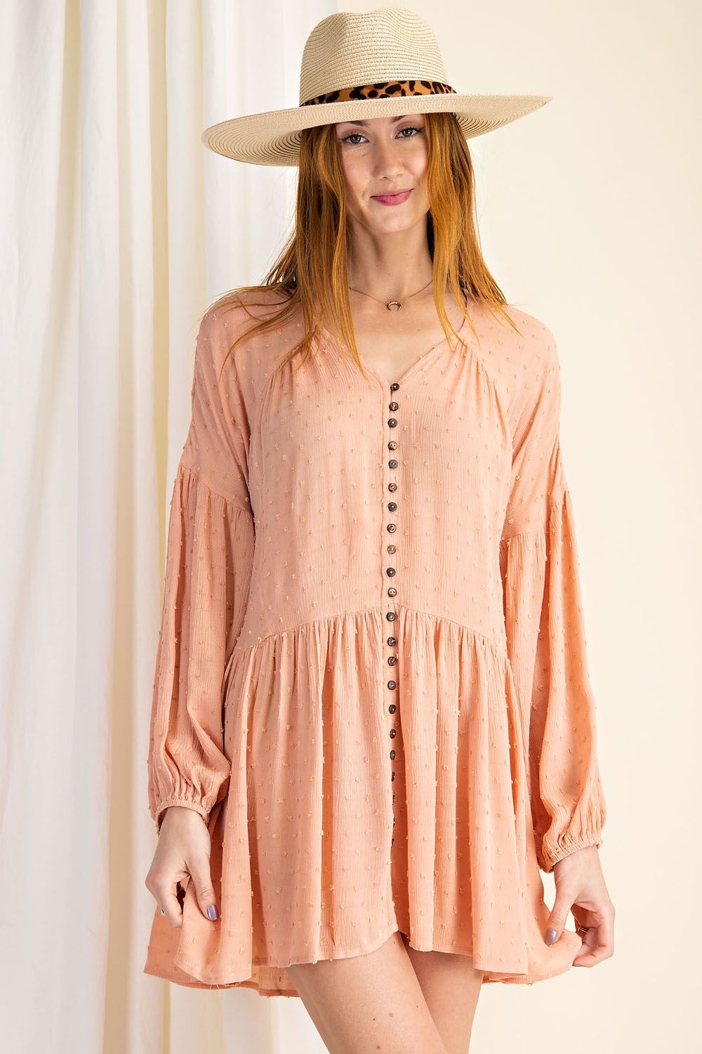 Buy Easel V Neckline Rayon Gauze Woven Lightweight Bubble Sleeves Dress by Sensual Fashion Boutique