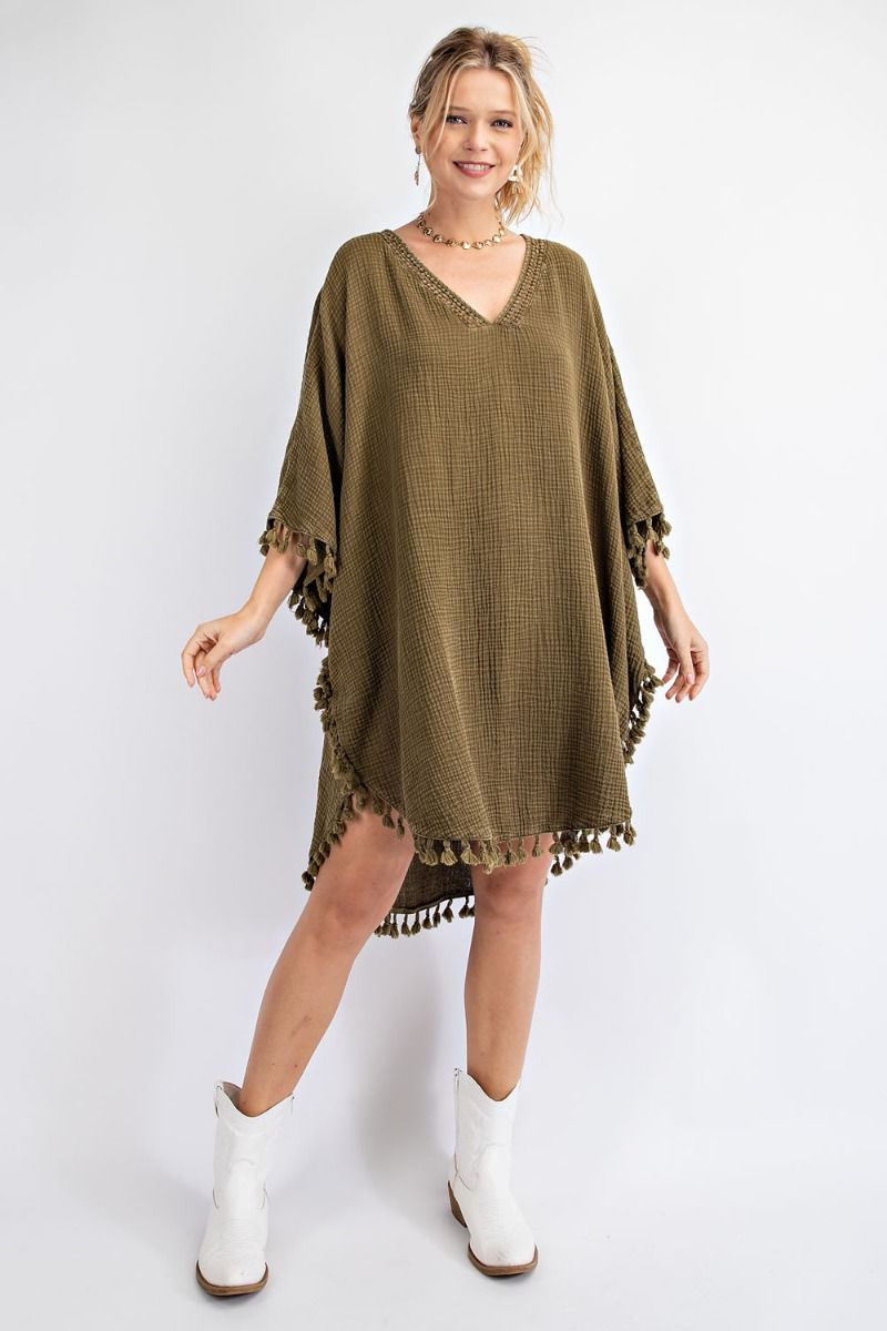 Buy Mineral Washed Cotton Gauze Tassel Edges Poncho Dress by Sensual Fashion Boutique