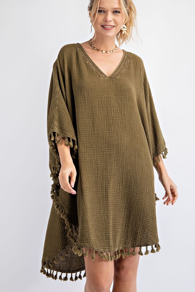 Buy Mineral Washed Cotton Gauze Tassel Edges Poncho Dress by Sensual Fashion Boutique