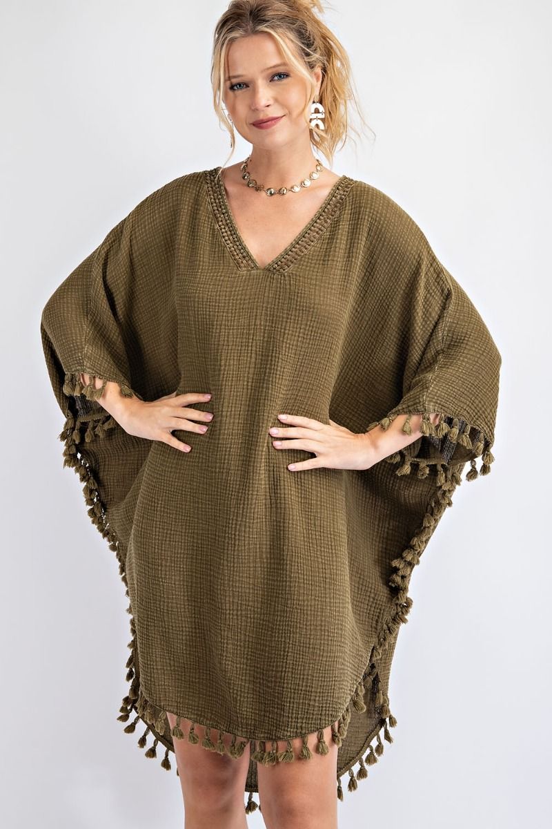 Buy Mineral Washed Cotton Gauze Tassel Edges Poncho Dress by Sensual Fashion Boutique