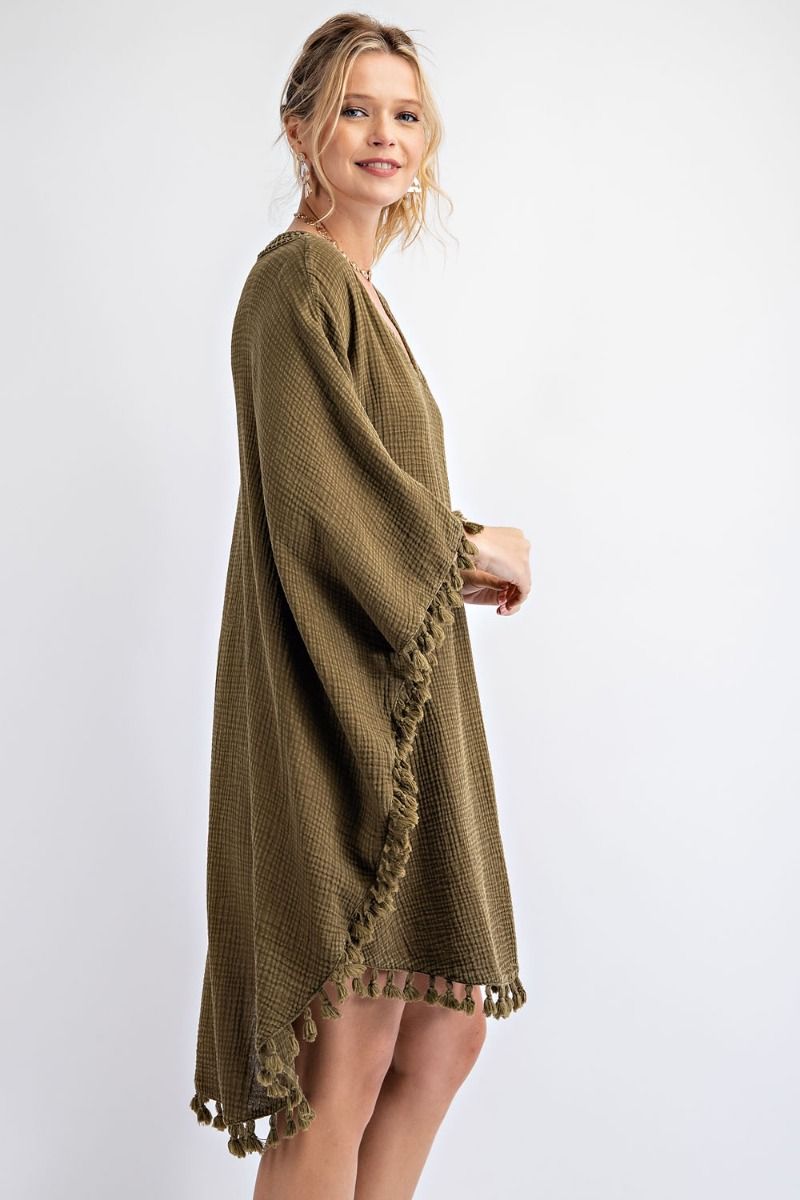 Buy Mineral Washed Cotton Gauze Tassel Edges Poncho Dress by Sensual Fashion Boutique