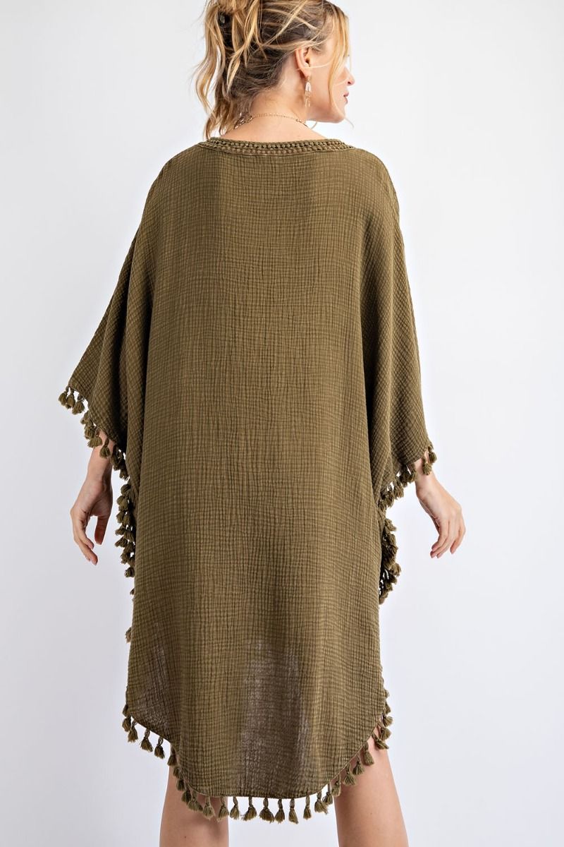 Buy Mineral Washed Cotton Gauze Tassel Edges Poncho Dress by Sensual Fashion Boutique