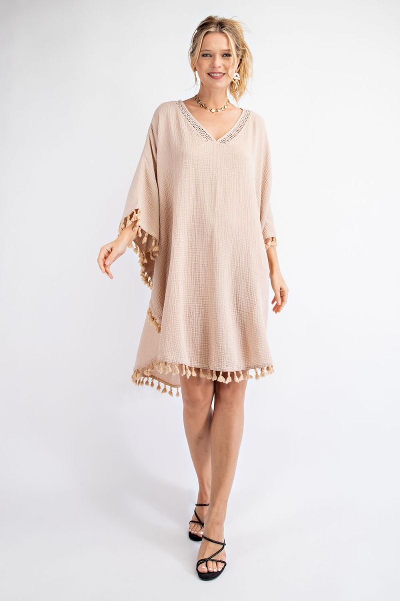 Buy Mineral Washed Cotton Gauze Tassel Edges Poncho Dress by Sensual Fashion Boutique