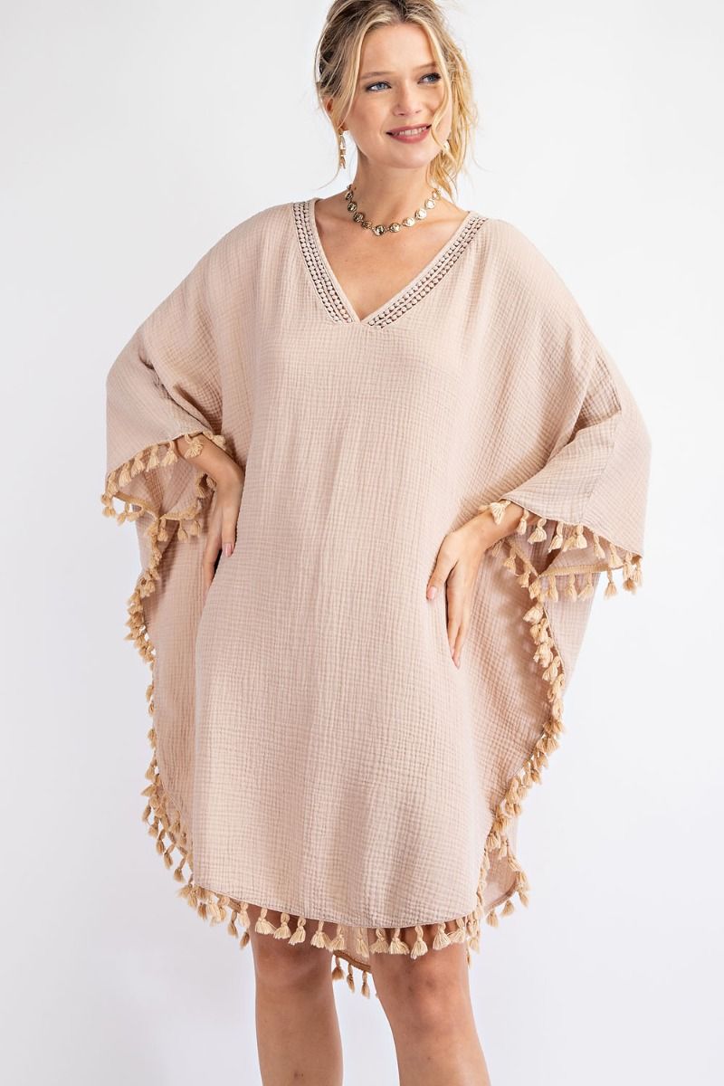 Buy Mineral Washed Cotton Gauze Tassel Edges Poncho Dress by Sensual Fashion Boutique