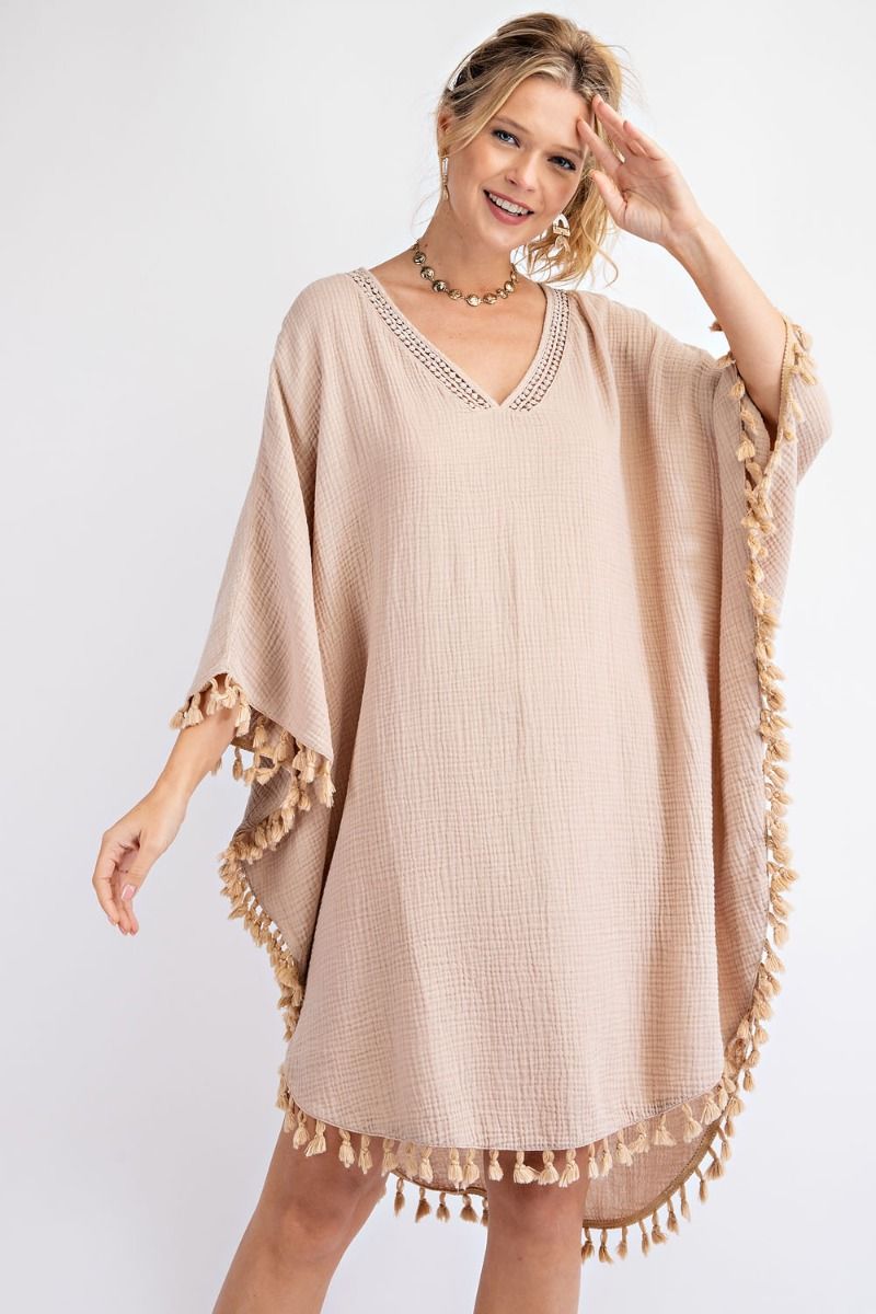 Buy Mineral Washed Cotton Gauze Tassel Edges Poncho Dress by Sensual Fashion Boutique