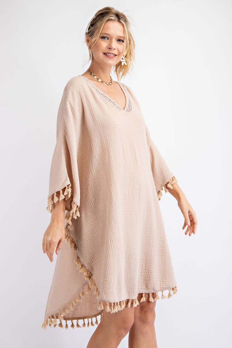 Buy Mineral Washed Cotton Gauze Tassel Edges Poncho Dress by Sensual Fashion Boutique