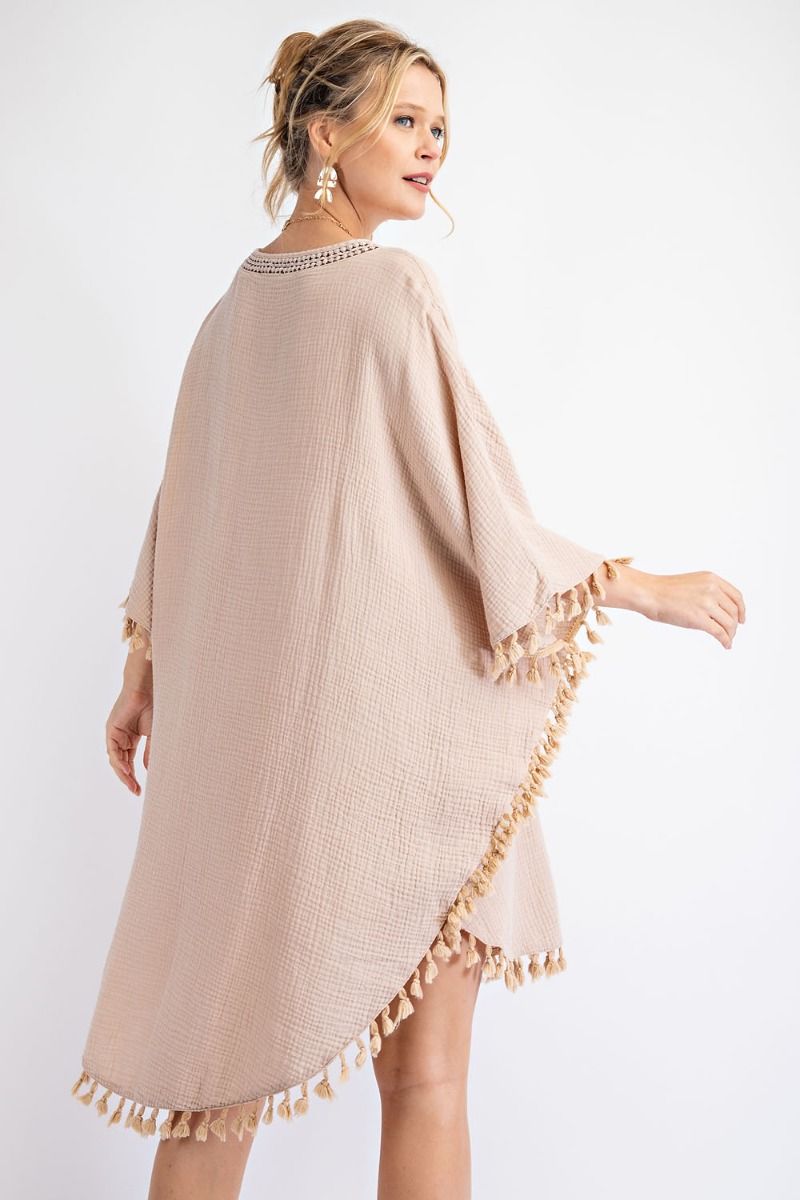 Buy Mineral Washed Cotton Gauze Tassel Edges Poncho Dress by Sensual Fashion Boutique