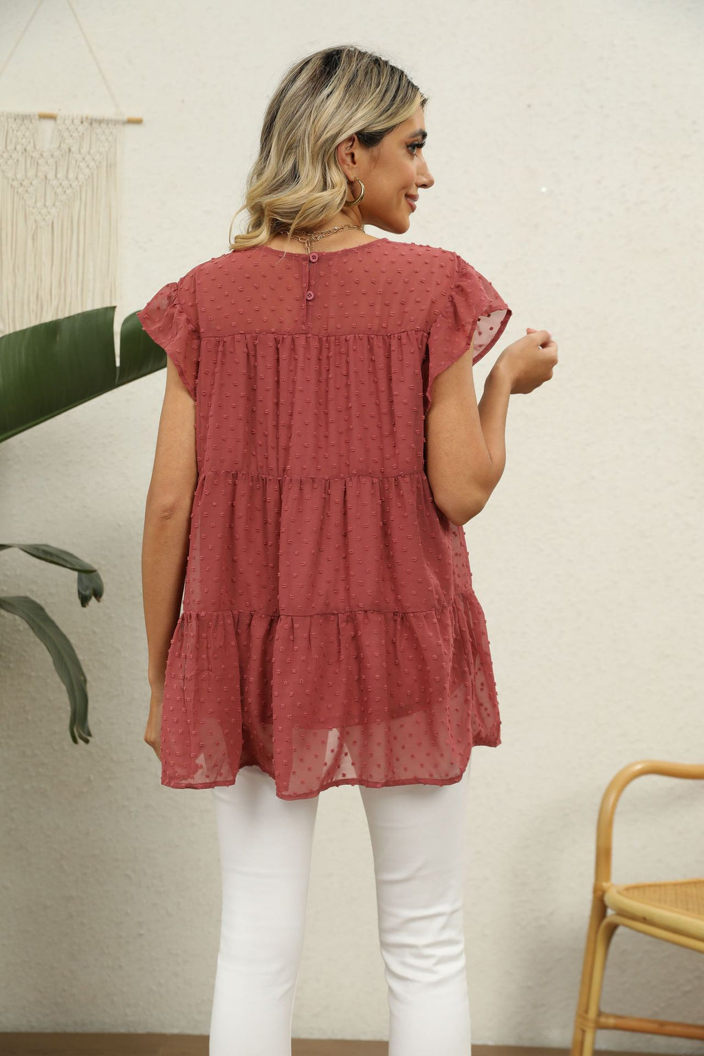 Buy Swiss Dot Round Neck Tiered Blouse by Faz