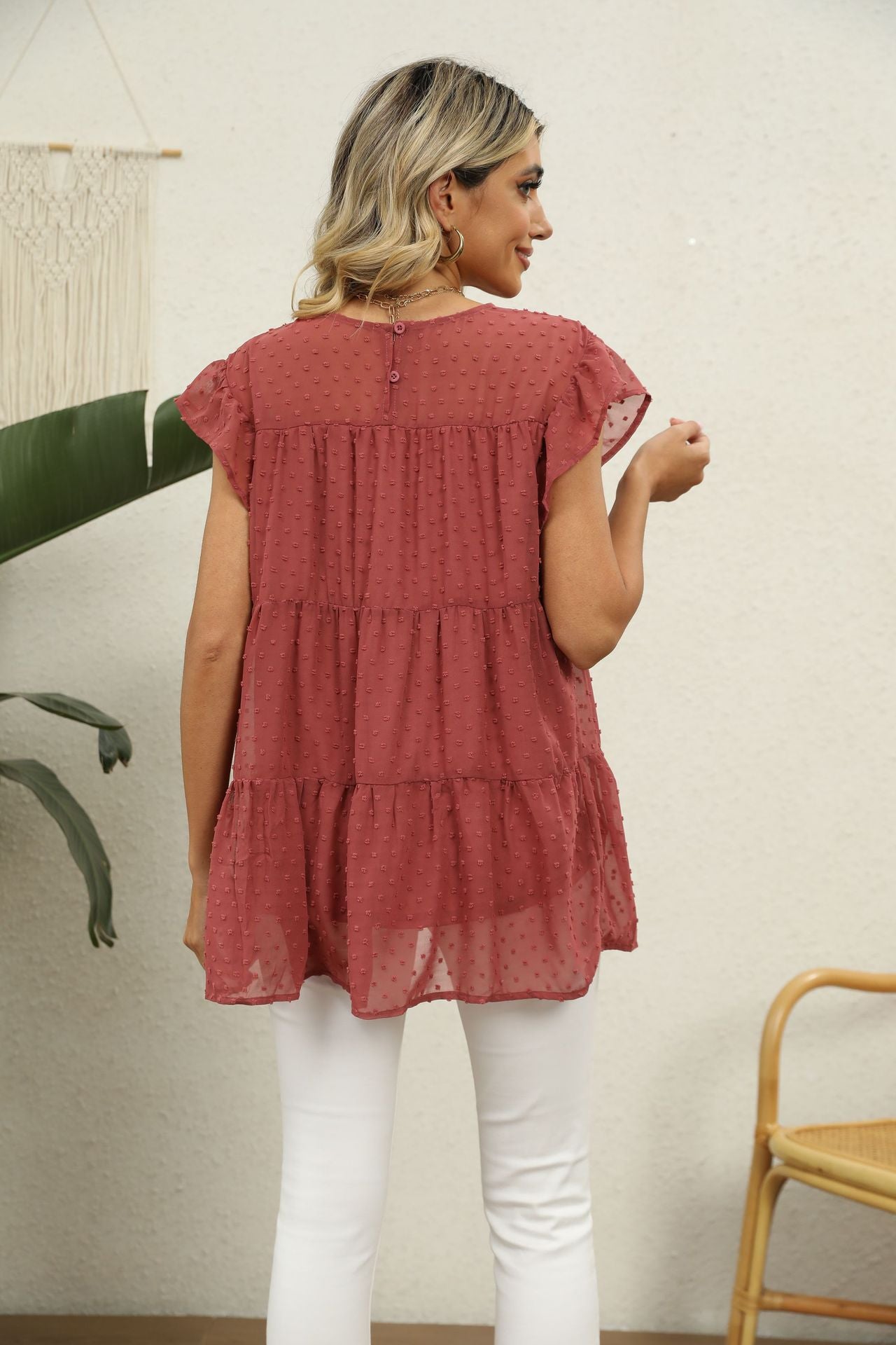 Buy Swiss Dot Round Neck Tiered Blouse by Faz